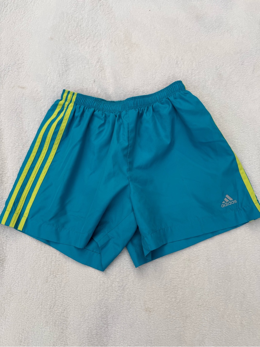 adidas Retro Teal Shorts with Neon Yellow Stripes